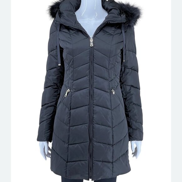 Gorgeous Tahari Mid Length Puffer Coat w/faux fur hood trim In Blk Plus Size XXL - Picture 1 of 15